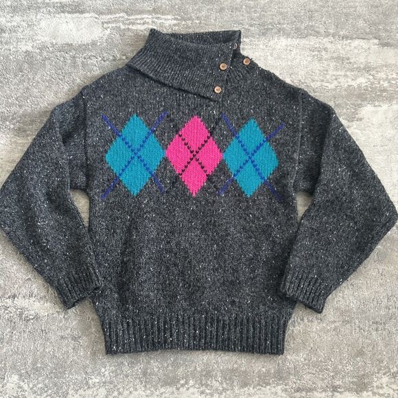 Gap Sweater Womens Large Vintage 80s 90s Argyle Wool Blend Gray Cowl Turtle Neck - Picture 1 of 5